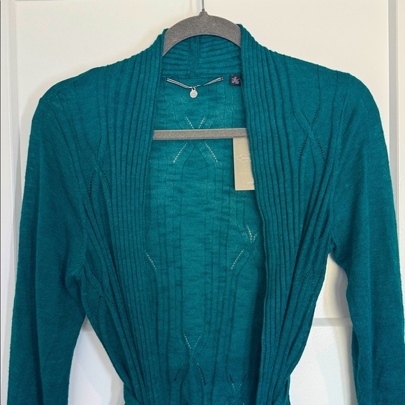 Anthro Knitted & Knotted Teal Open-Front Silk Trim Cardigan Sweater Size M NWT - Picture 9 of 15